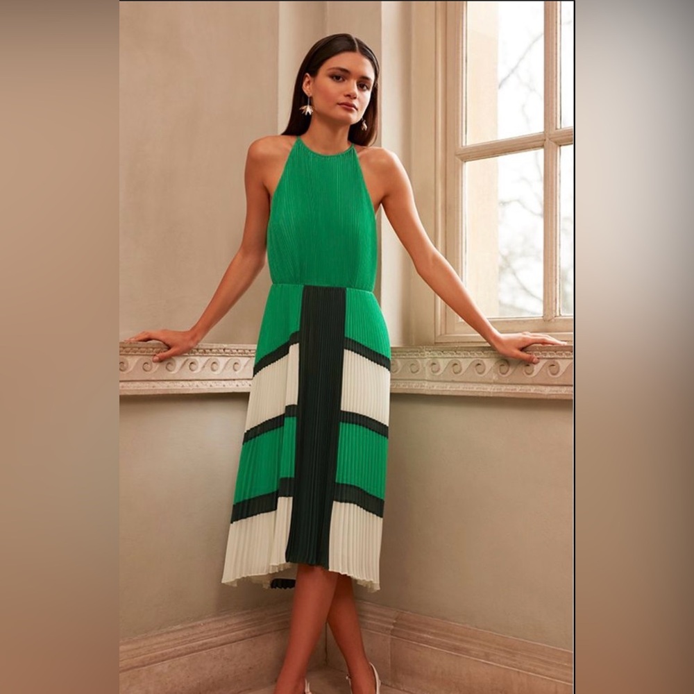 Ted Baker Nellina Color Block Pleated Midi Dress Green Sleeveless Halter Size M💚